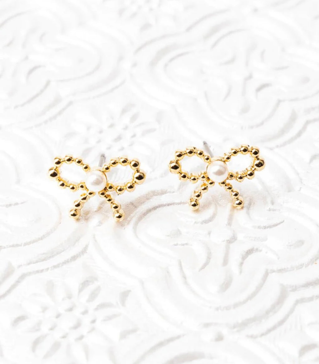 Girly Girl Pearl Accent Bow Stud Earrings