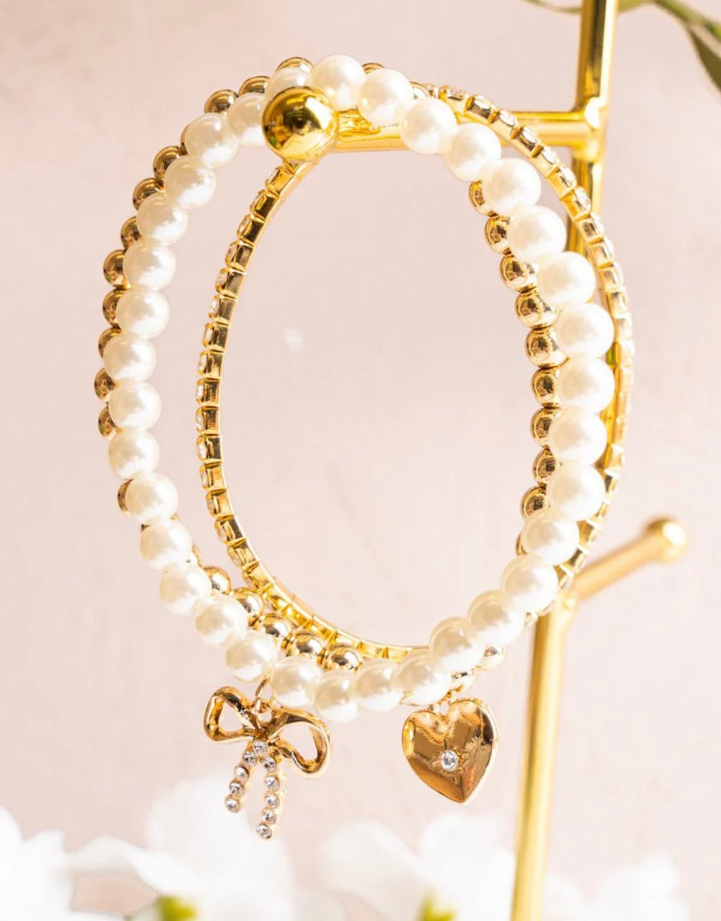 Livia Gold & Pearl Bow Charm Bracelet Stack