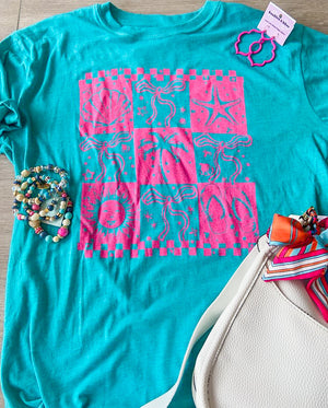 Beachy Bows Hot Pink Checkered Teal Tee