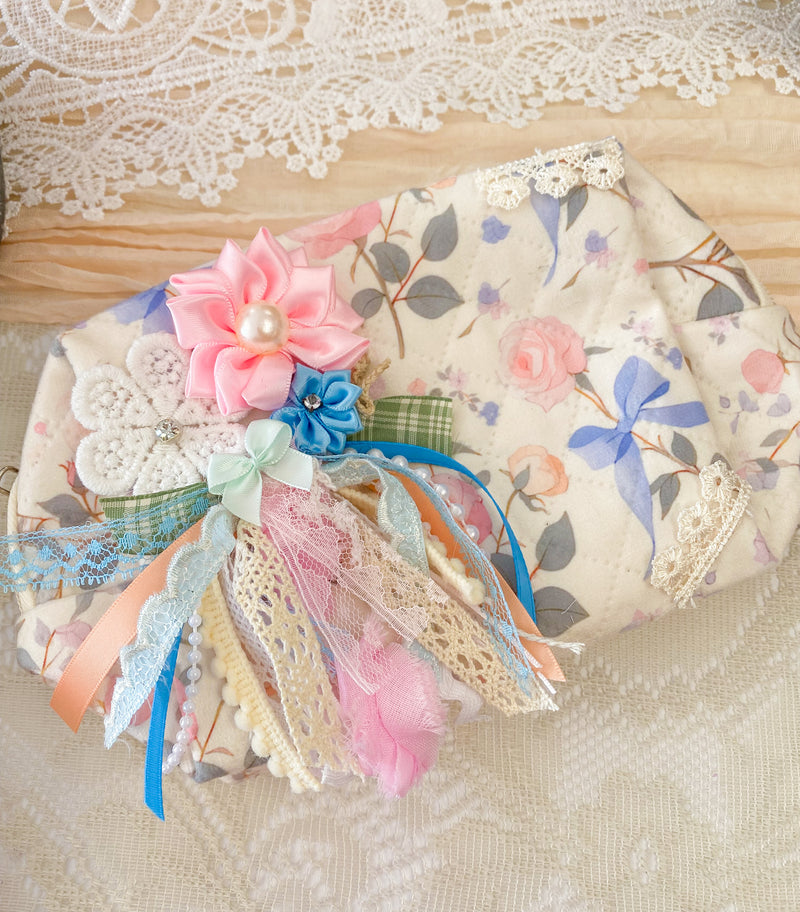 Creations By Kim - Cottage Garden Bows Mini Adorned Makeup Bag One of A Kind