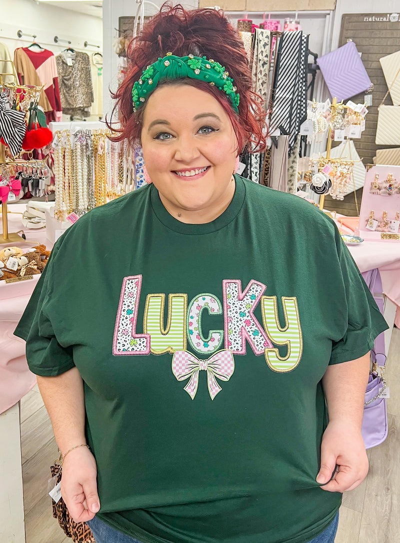 Lucky Faux Embroidered Hunter Green Tee