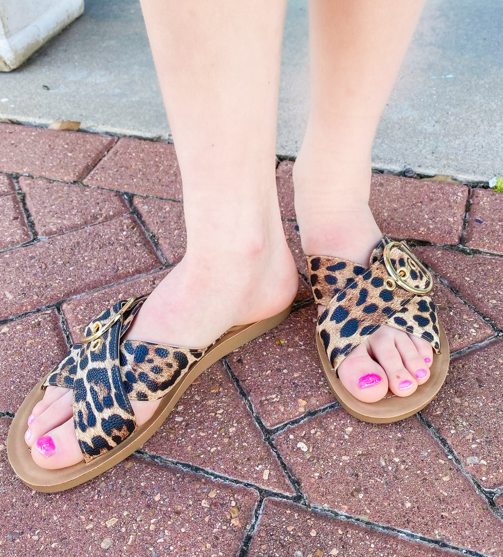 Wild Destination Leopard Buckle Criss Cross Soda Sandals