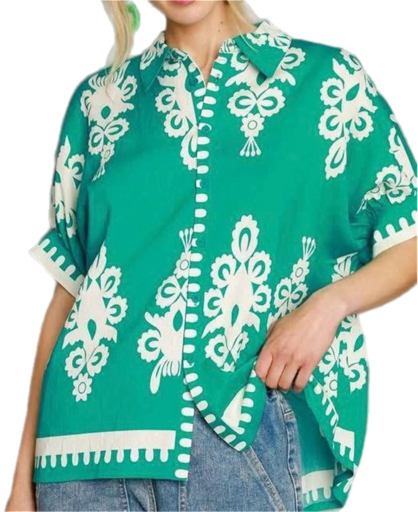 Going Places Jade & White Tapestry Print Button Down Top