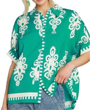 Going Places Jade & White Tapestry Print Button Down Top