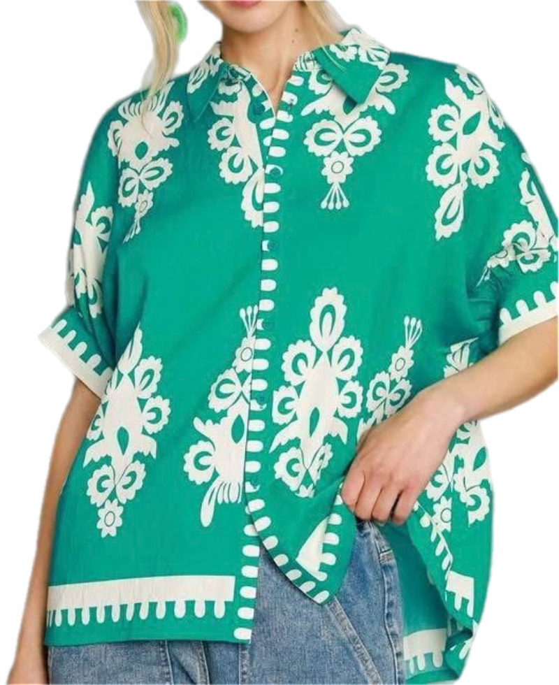 Going Places Jade & White Tapestry Print Button Down Top