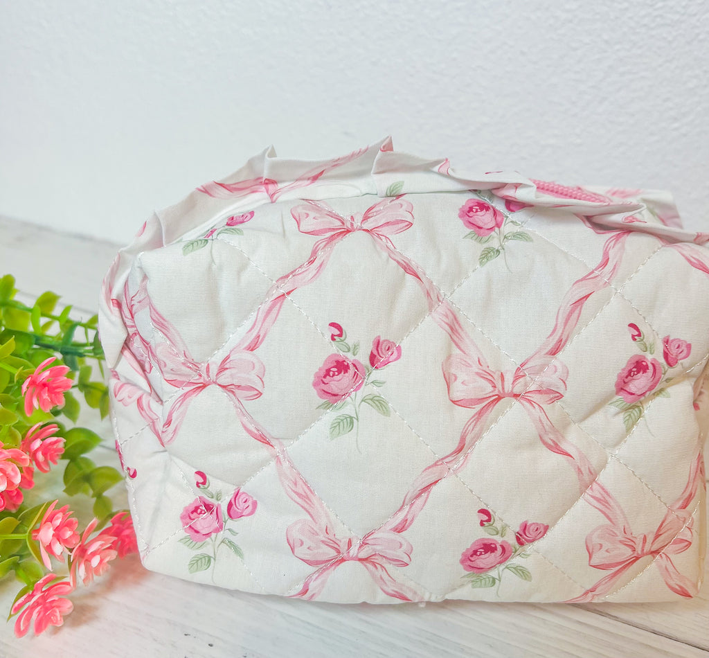 Touch of Romance Cream & Pink Bow Accent Makeup Bag