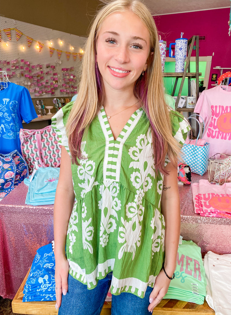 Embrace The Change Green & White Tapestry Top