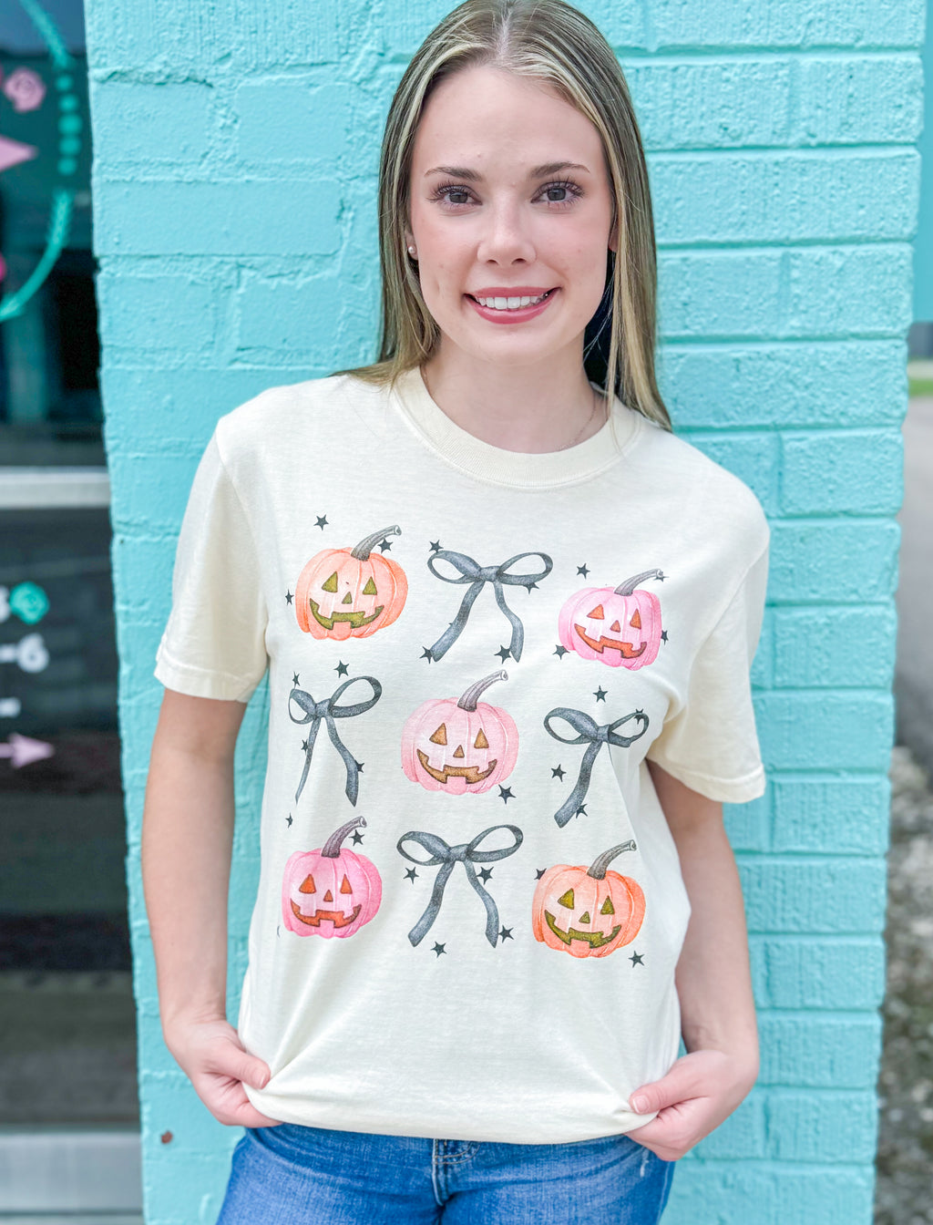 Pink Pumpkins & Bows Cream Tee