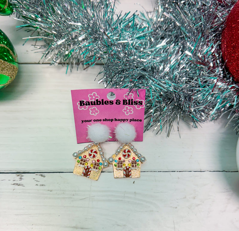 Gingerbread House Pom Pom Earrings