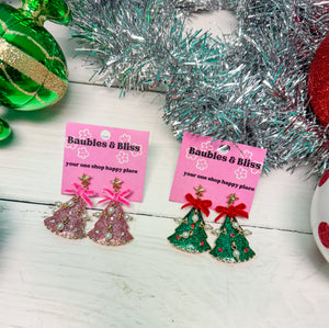 Bow & Pearl Accent Christmas Tree Earrings