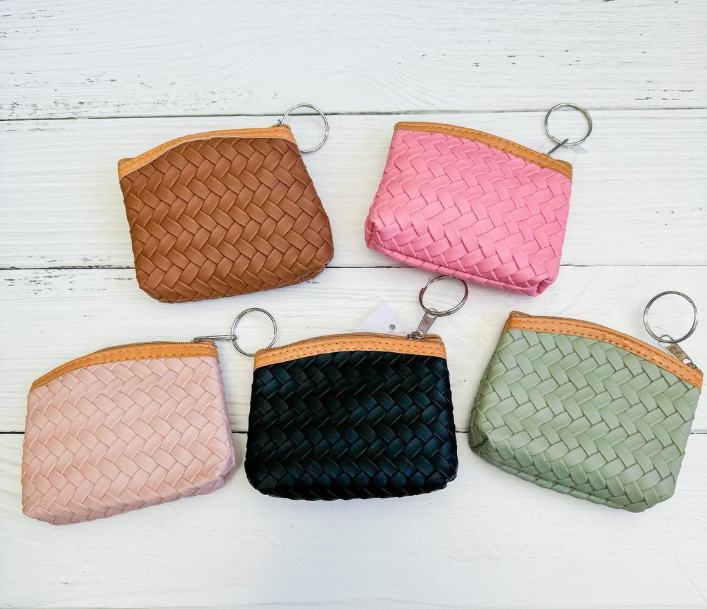 Woven Faux Leather Coin Purse Keychain