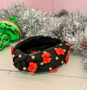 Holiday Party Red Bow Accent Black Headband