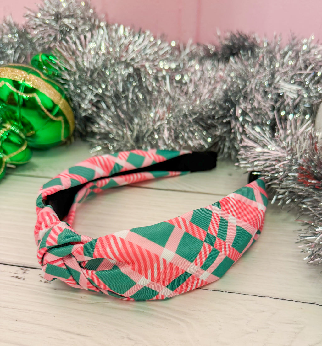 Whimsical Pink & Green Plaid Knotted Headband