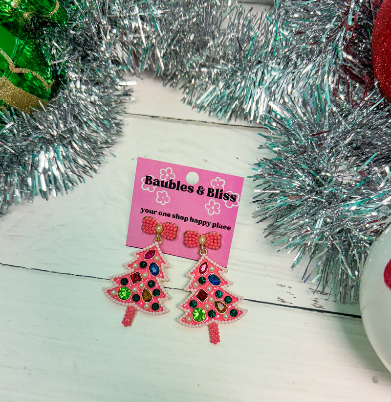 Cheerful Christmas Pink Bejeweled Tree Earrings