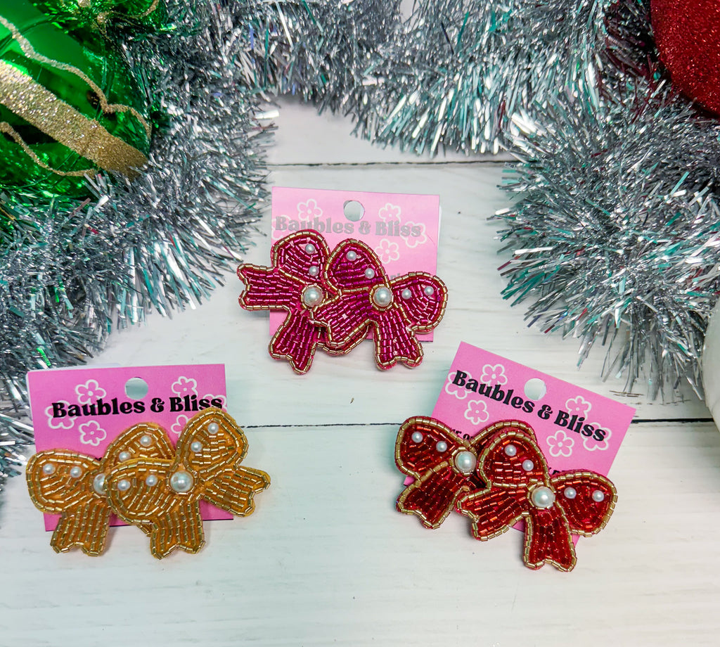 Beaded Bliss Holiday Bow Earrings