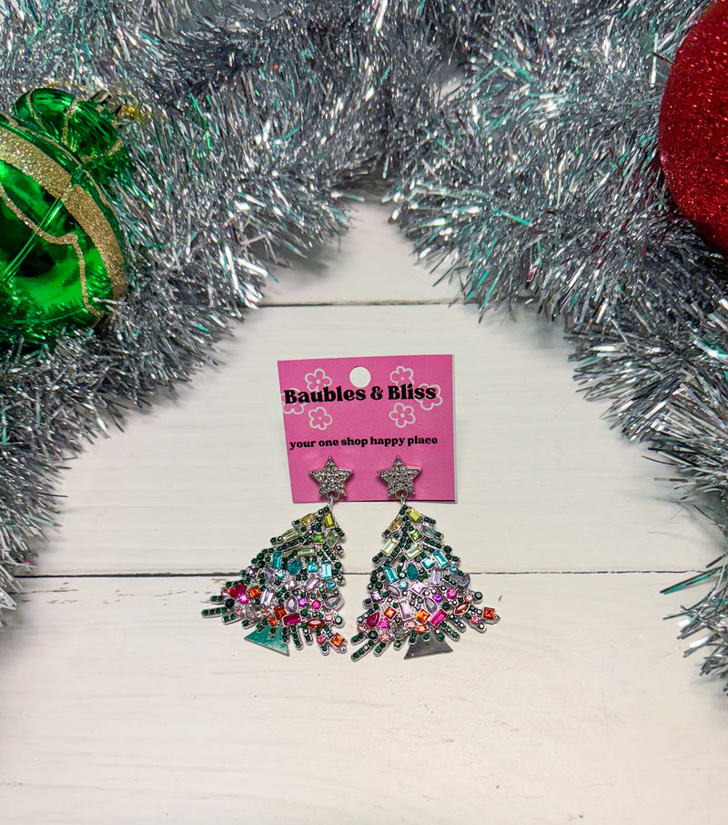 Colorful Christmas Rainbow Bling Tree Earrings