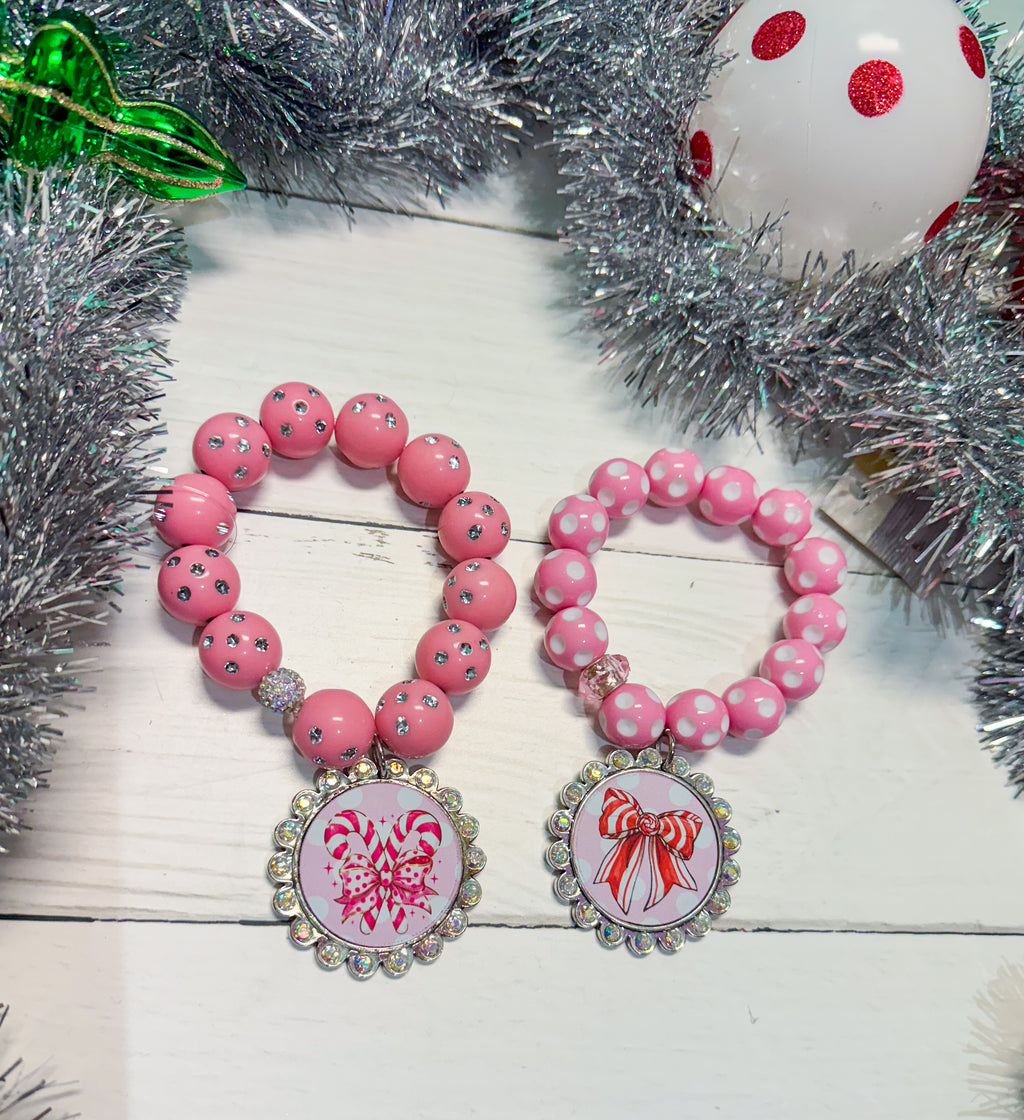 Candy Cane Bow Pink Polka Dot Bracelet