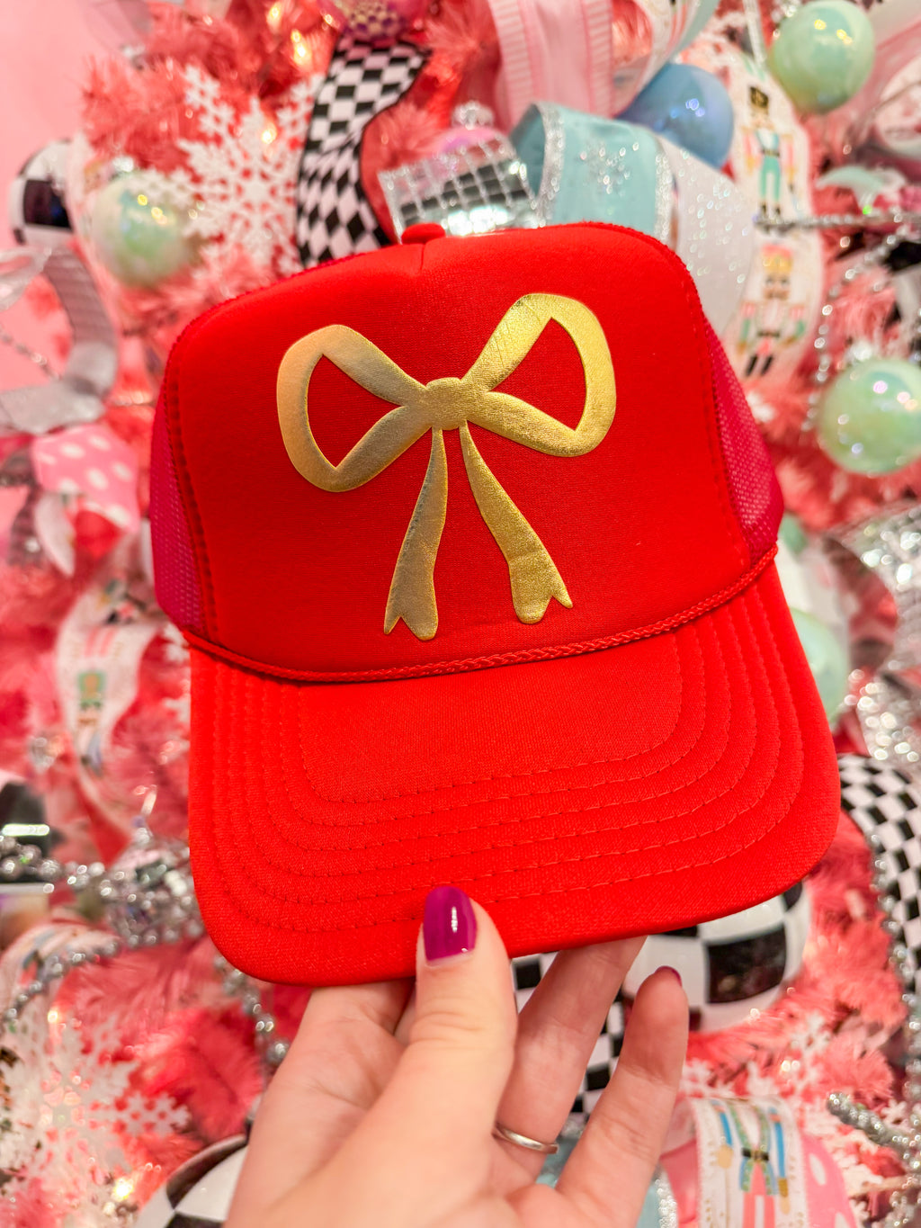 Gold Puffy Bow Red Trucker Hat