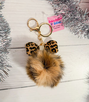 Leopard Bow Pom Pom Keychain