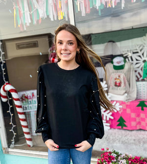 Feeling Girly Pearl Accent Black Sweater