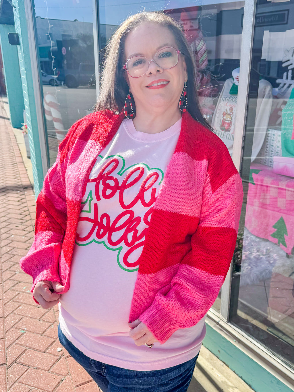 Feeling Jolly Pink & Red Striped Cardigan