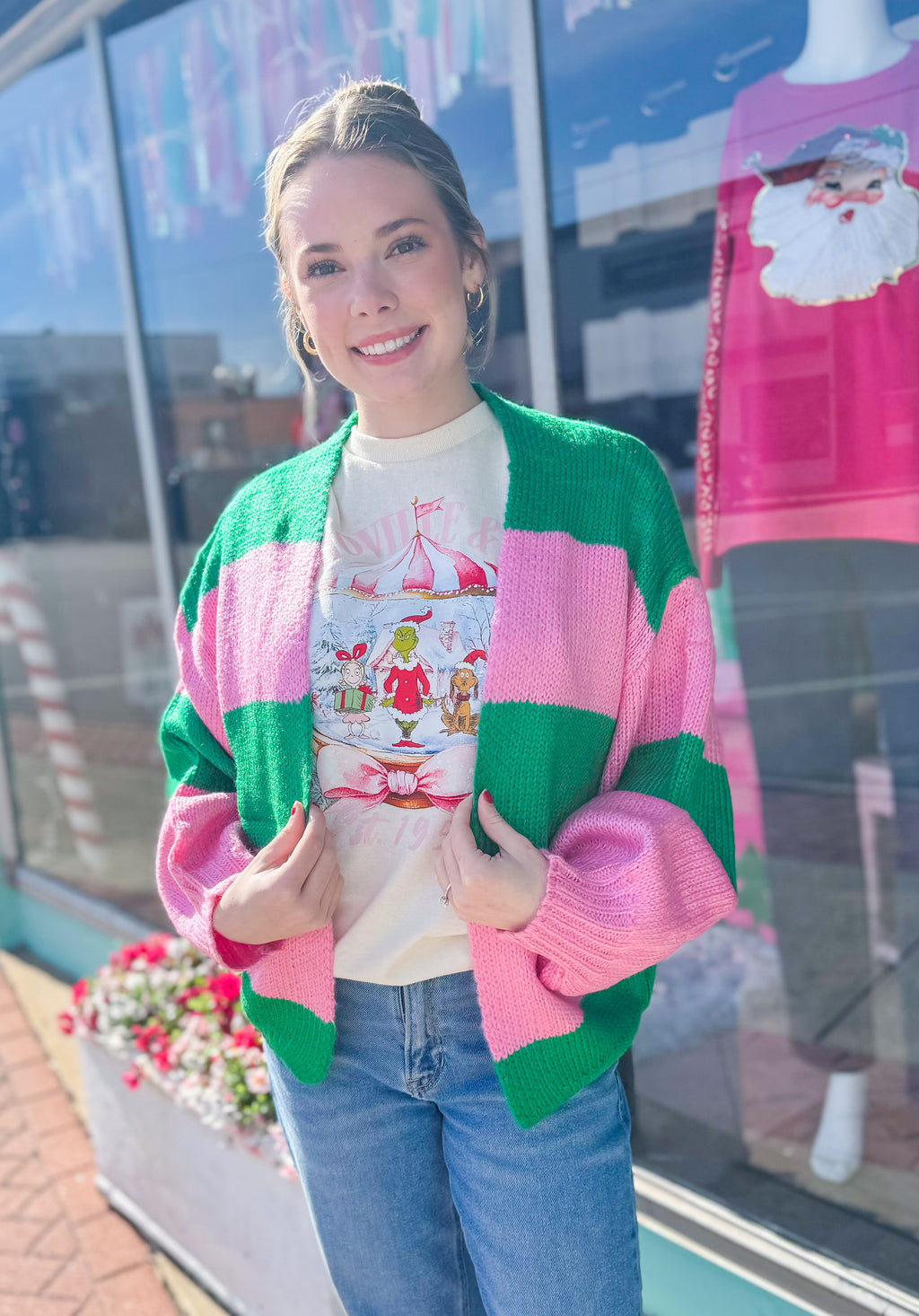 Whimsical Vibes Pink & Green Striped Cardigan