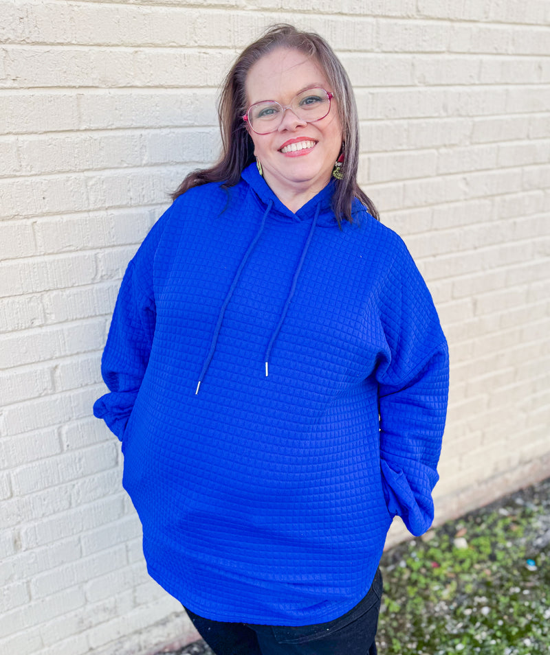 Sunday Blues Quilted Long Sleeve Royal Blue Hoodie Top