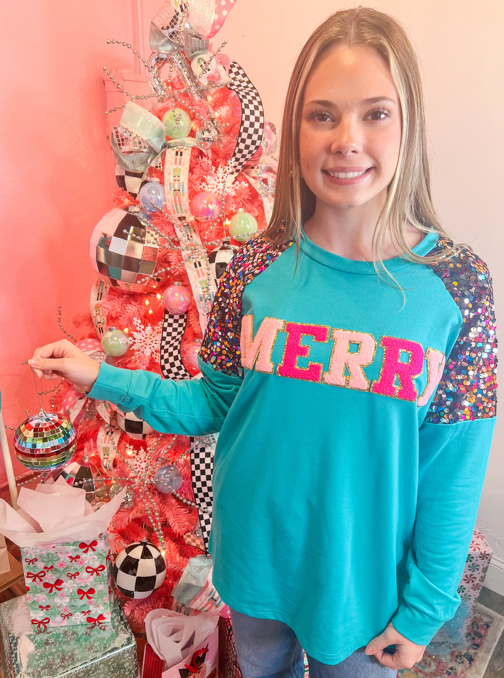 Merry Colorful Sequin Turquoise Pullover