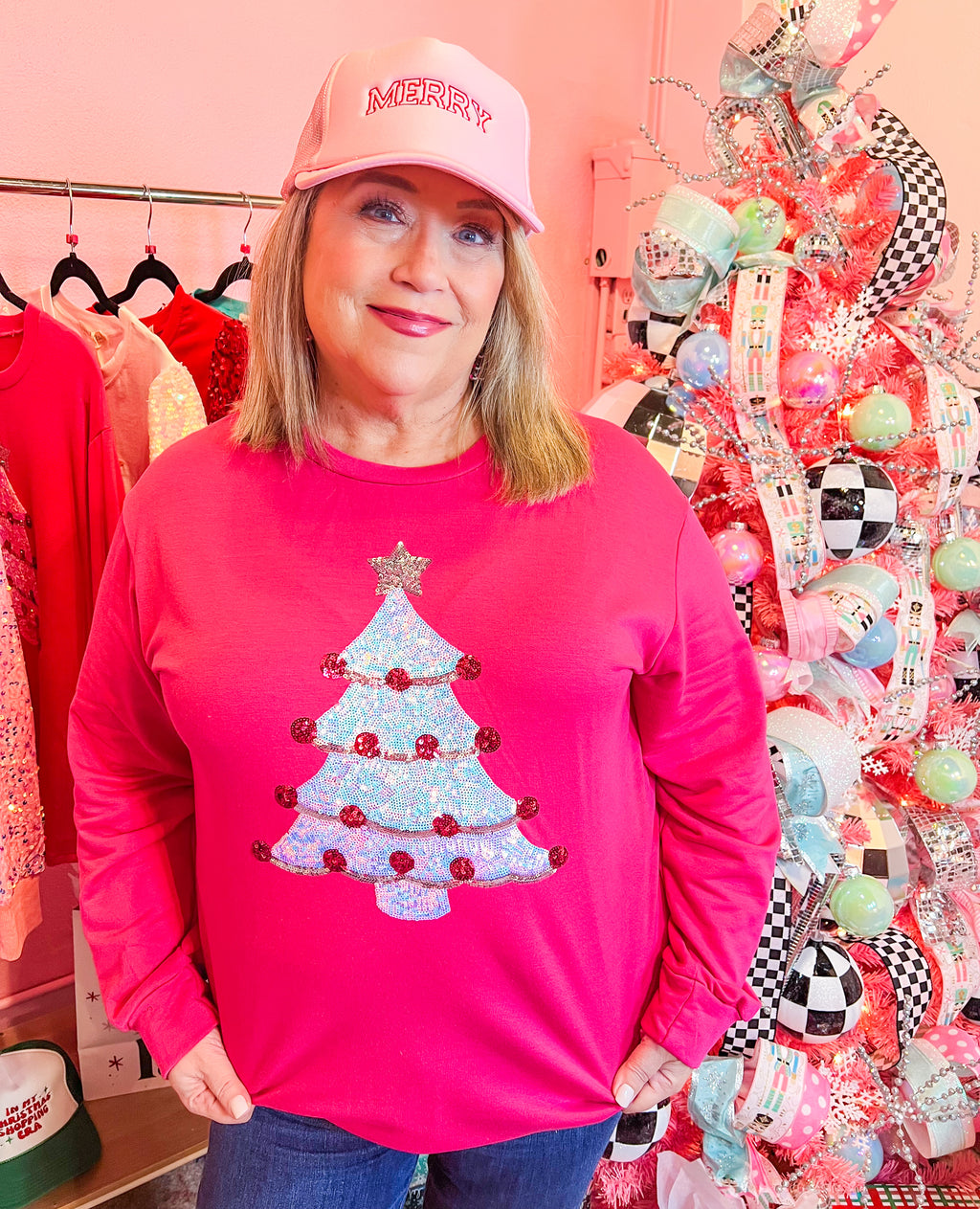 Trim the Tree Sequin Hot Pink Pullover