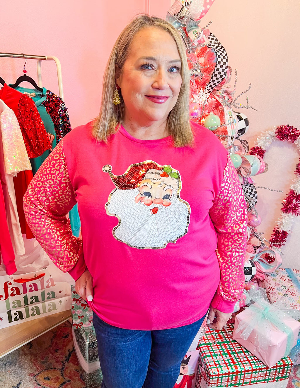 Hey Santa Sequin Leopard Accent Hot Pink Pullover