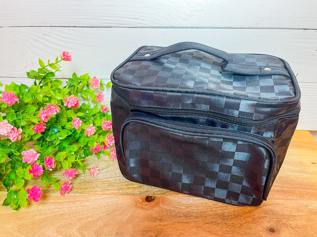 Checkered Chic Square Zip Up Makeup Bag