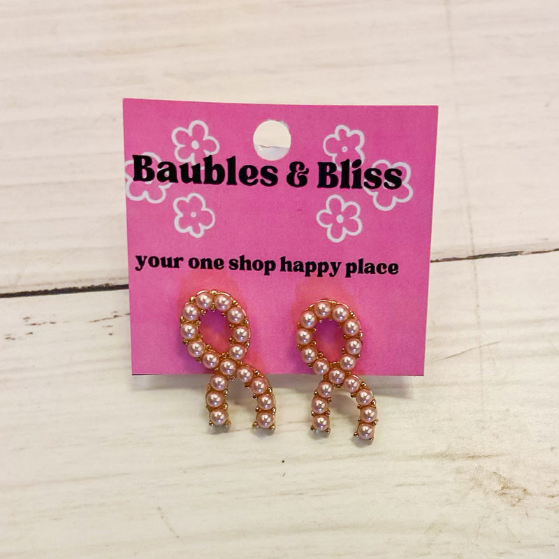 Pearl Pink Ribbon Stud Earrings