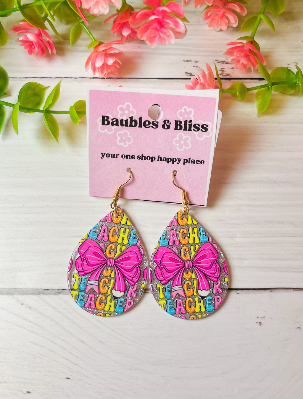 Teacher Bow Glitter Teardrop Earrings