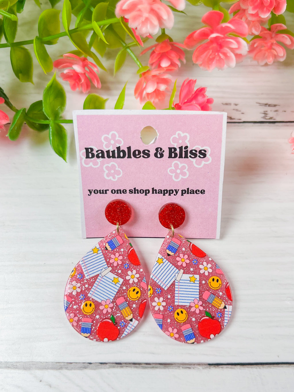 Doodle Days Teacher Teardrop Glitter Earrings