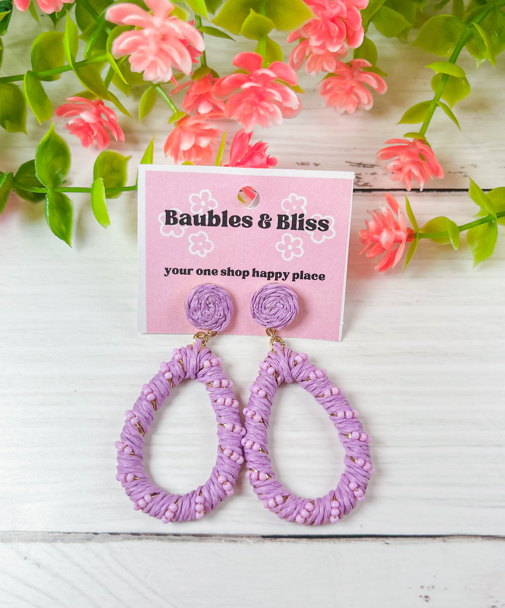 Lovely Lavender Rattan Teardrop Earrings