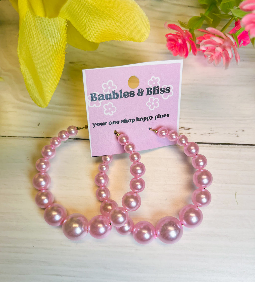 Preppy Pastel Pink Beaded Hoop Earrings