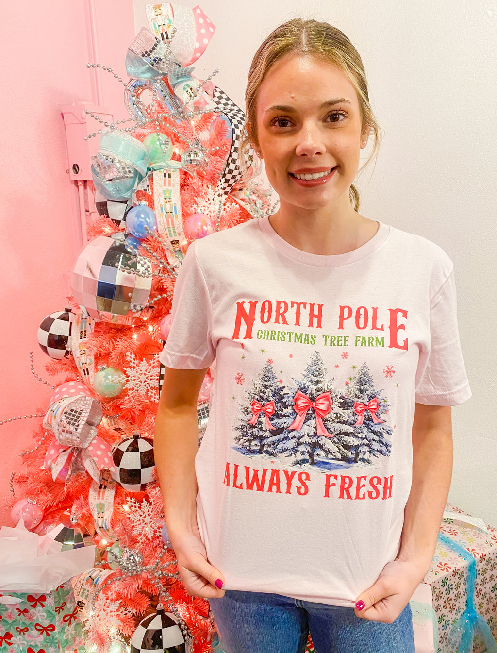 North Pole Farm Fresh Christmas Trees Pink Tee