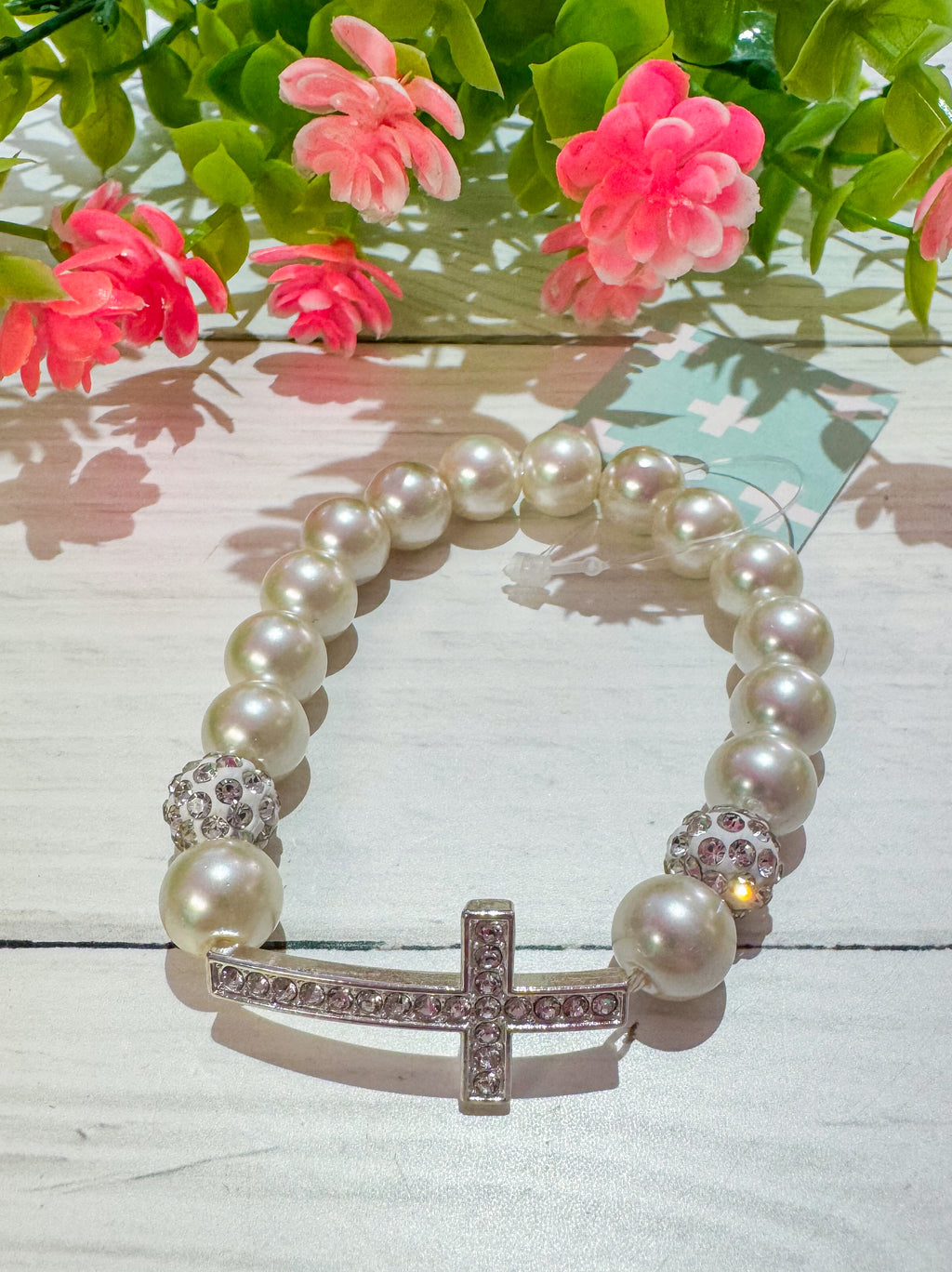 Pearl Bling Cross Bracelet