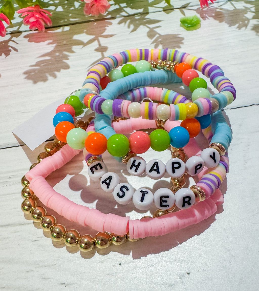 Happy Easter Charms & Clay Bead Colorful Bracelet Stack