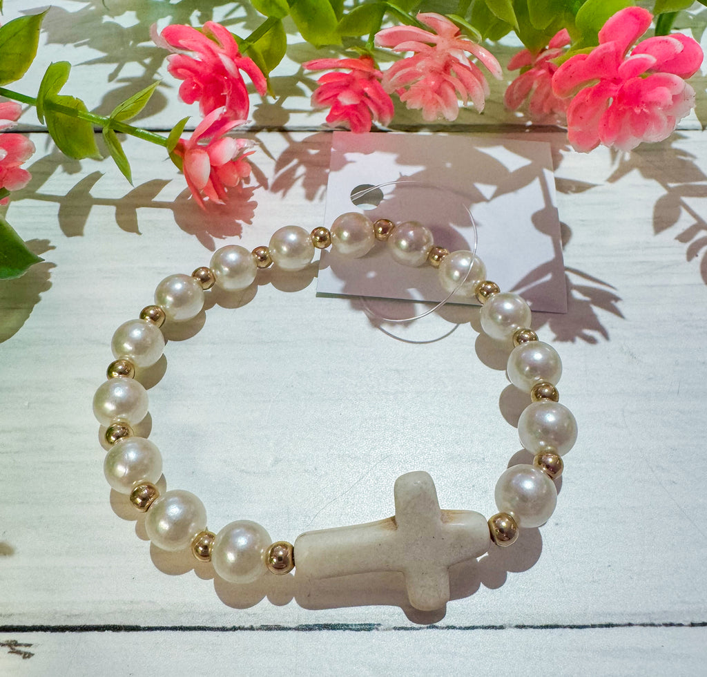Classic Pearl Stone Cross Bracelet