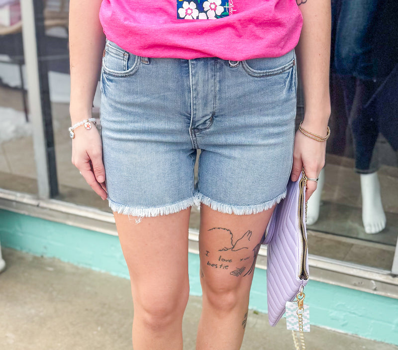 Kendall - Tummy Control Light Wash HW Frayed Hem Judy Blue Shorts