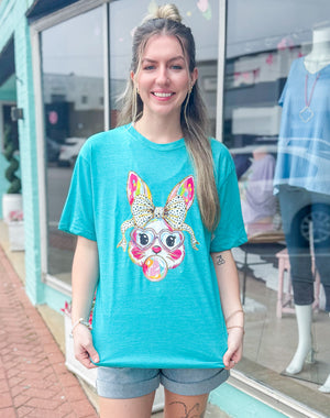 Bubble Gum Bunny Heathered Aqua Tee