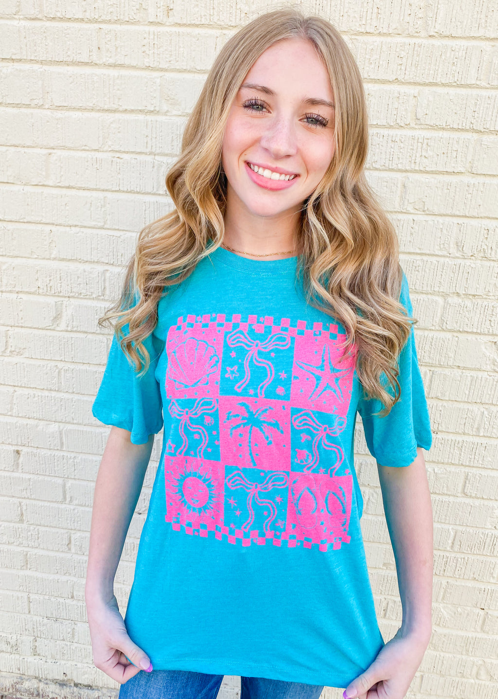 Beachy Bows Hot Pink Checkered Teal Tee
