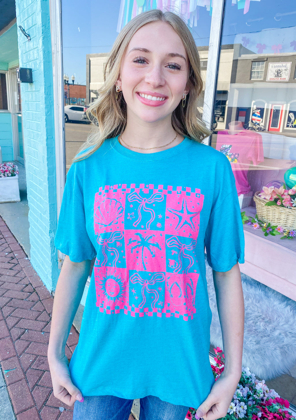 Beachy Bows Hot Pink Checkered Teal Tee