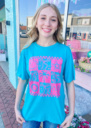 Beachy Bows Hot Pink Checkered Teal Tee