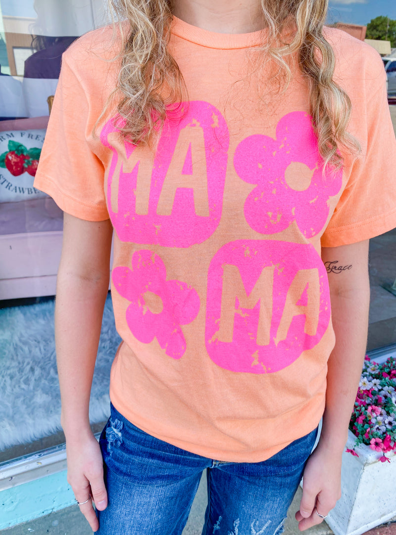 Mama Retro Flowers Neon Cantaloupe Tee