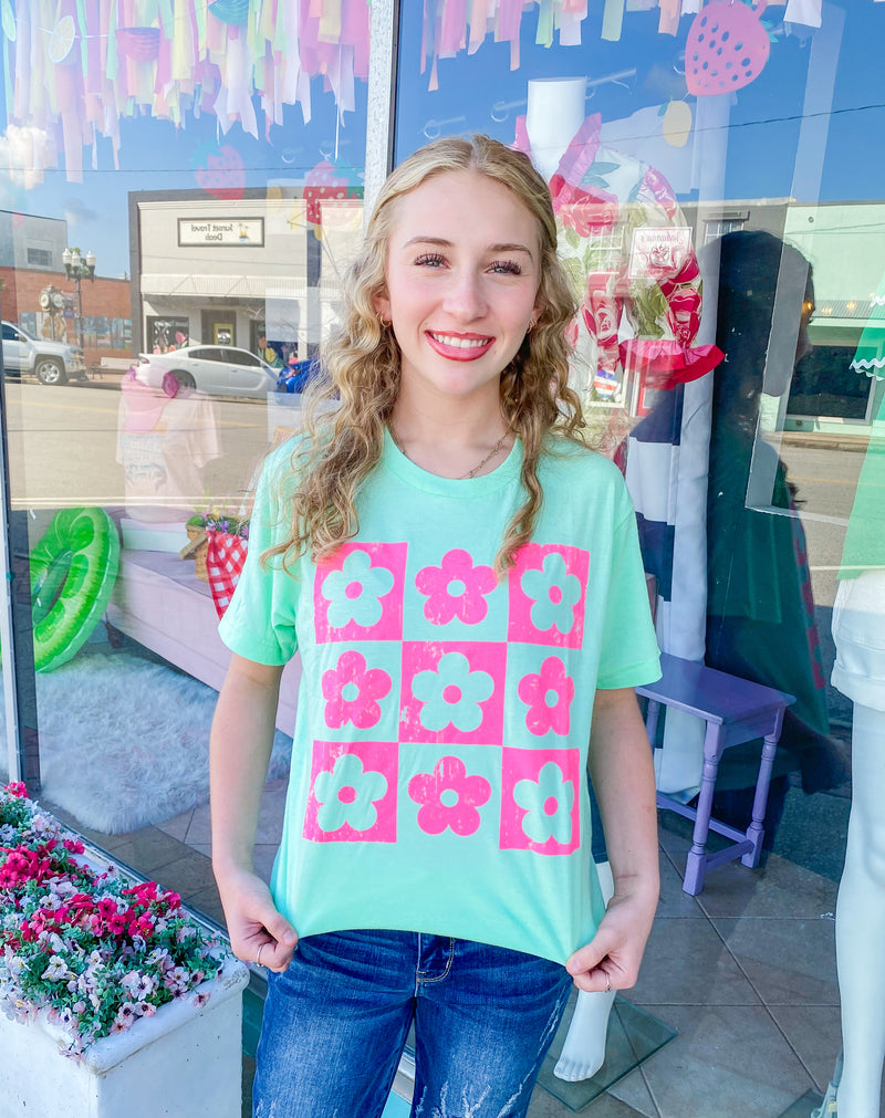 Hot Pink Checkered Flowers Mint Tee