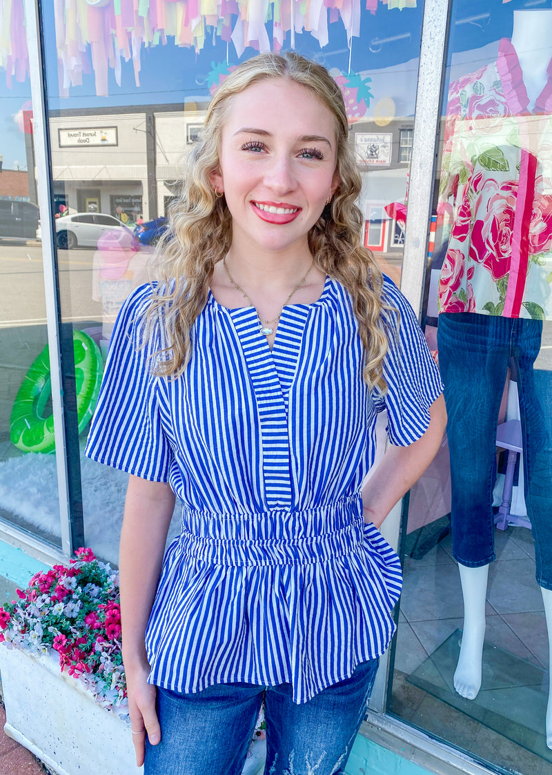 Sweet Look Chambray Blue & White Striped Top