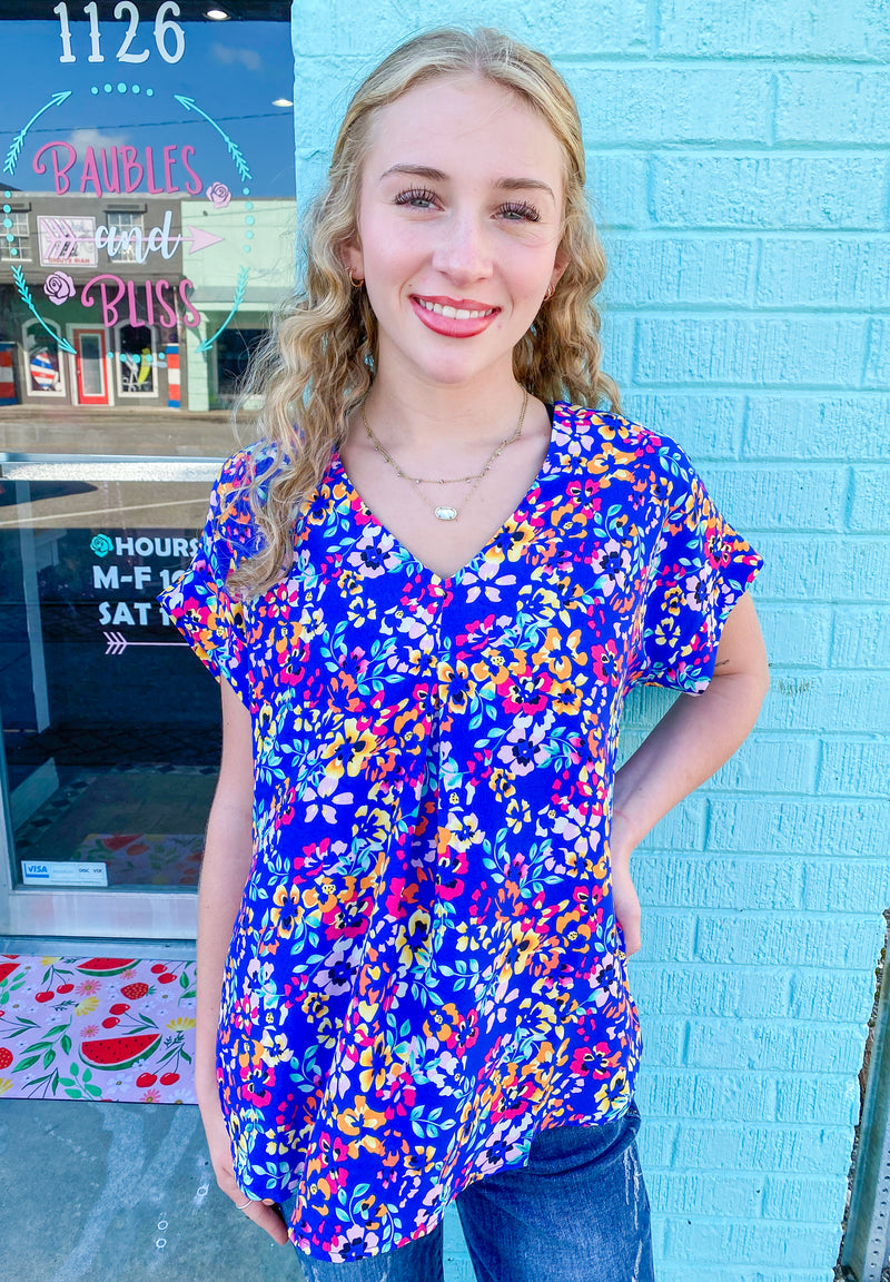 Oh Happy Day Bright Floral Royal Blue Top