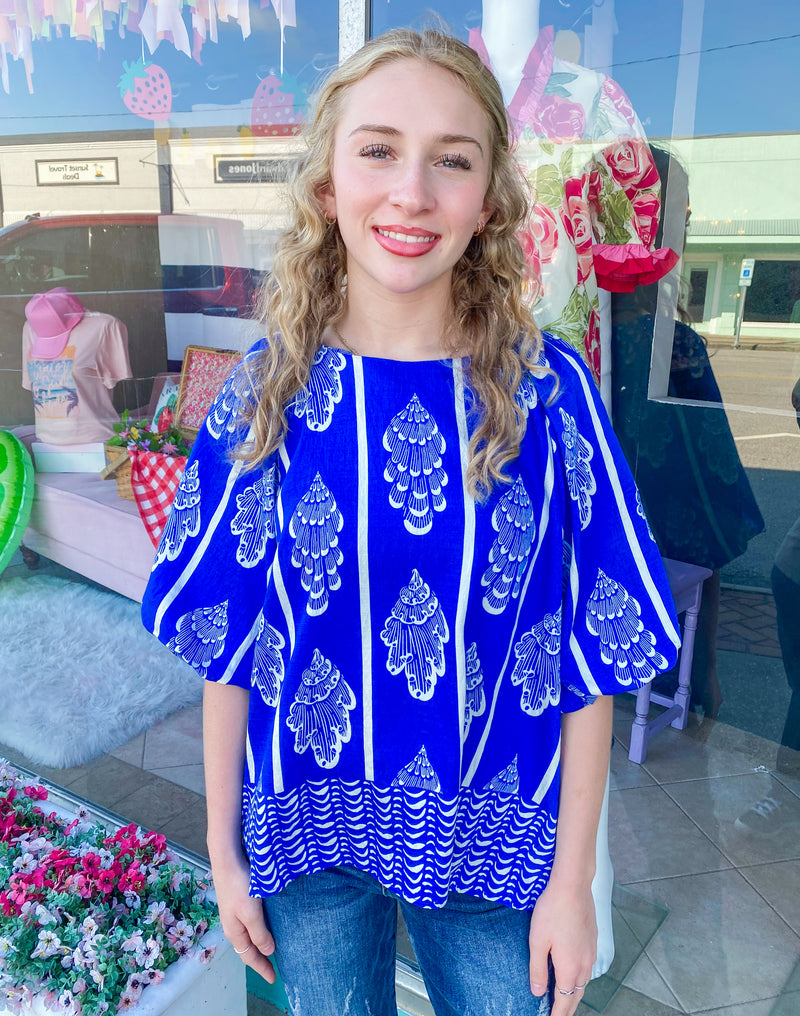 Coastal Getaway Cobalt Blue Puff Sleeve Top